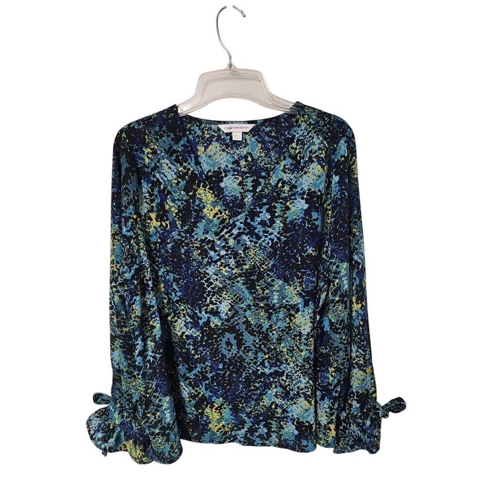 Artsy Abstract Blouse Top Womens Large Blue Green Ruffle Tie Cuff Office